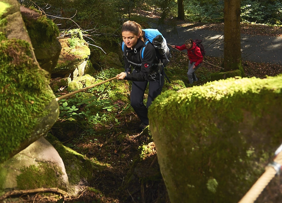 Eine Frau zieht sich an einem Tau einen steilen Waldpfad hinauf.