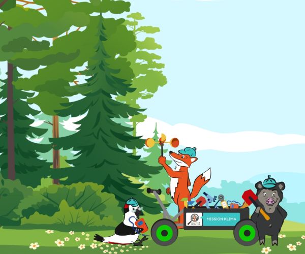 Naturpark-Detektive mit Klima-Entdeckerwagen auf einer Wiese am Waldrand