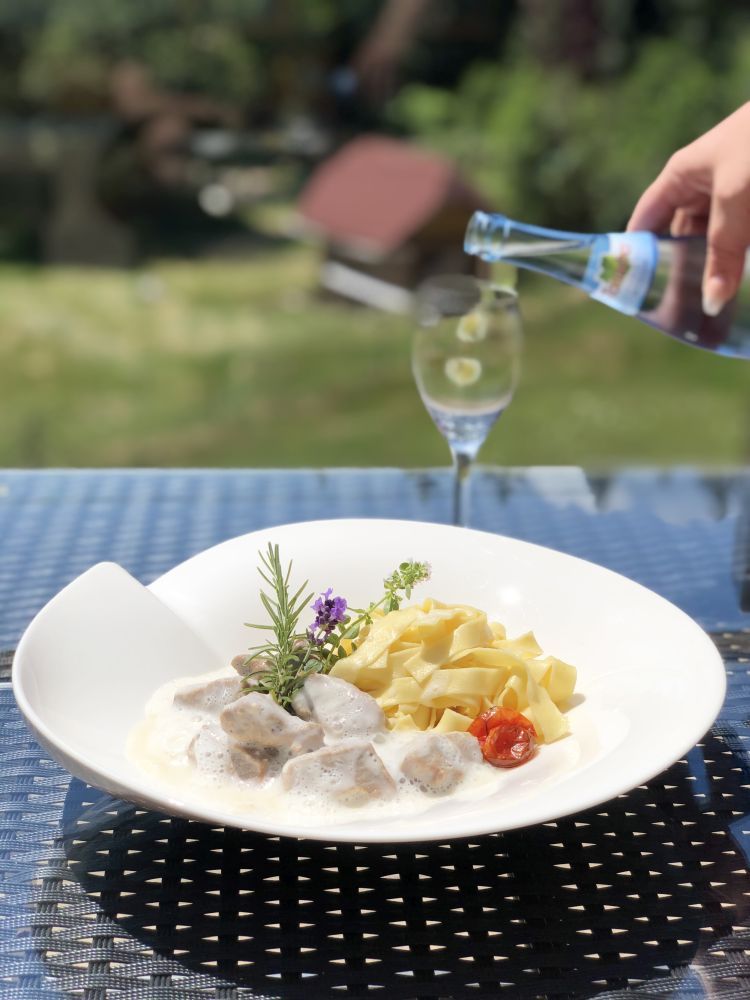 eingemachtes Kalbfleisch mit Sahnesoße und Nudeln in einem Teller