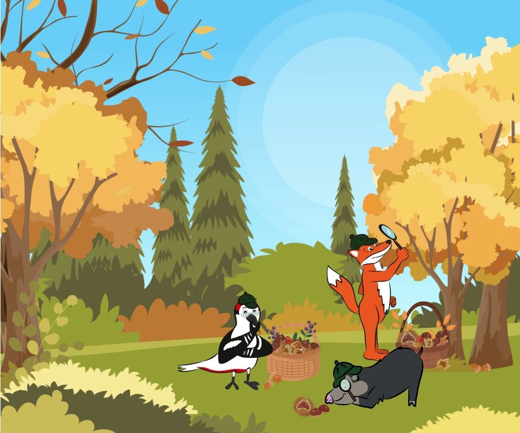 Die Naturpark-Detektive sammeln Natur.Materialien in der Herbst-Landschaft.