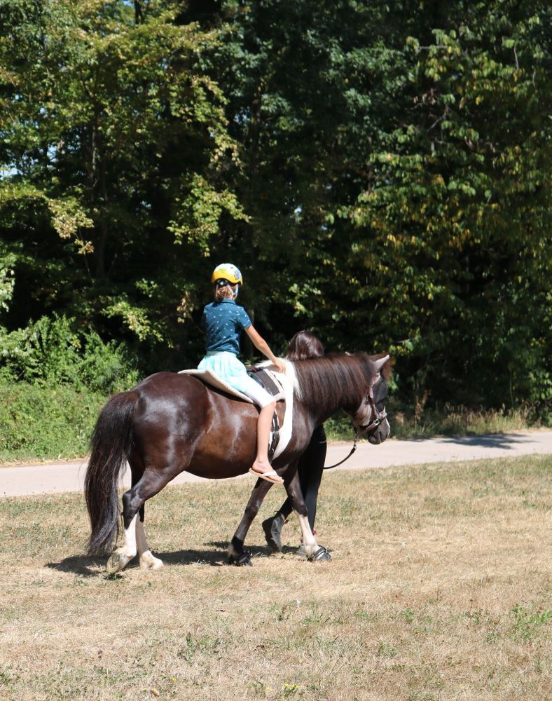 Ein Mädchen reitet auf einem Pferd.