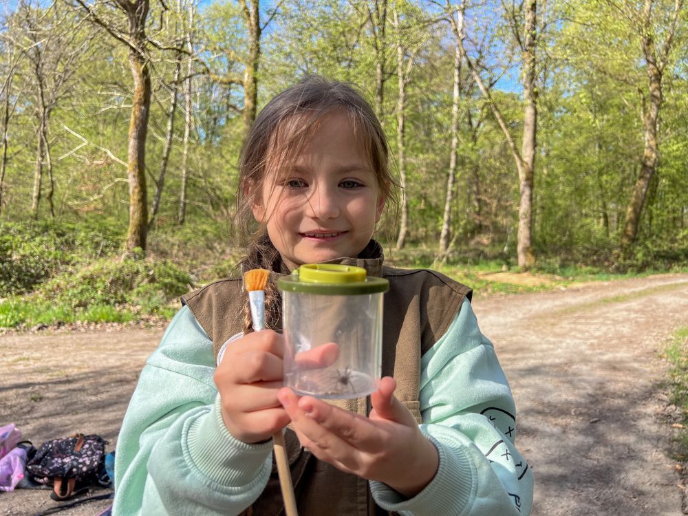 Ein Mädchen zeigt eine Spinne in einer Becherlupe.