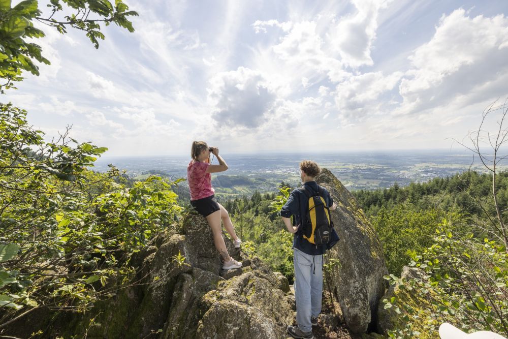 Eine Frau und ein Mann stehen bei Felsen und blicken in die Rheinebene.